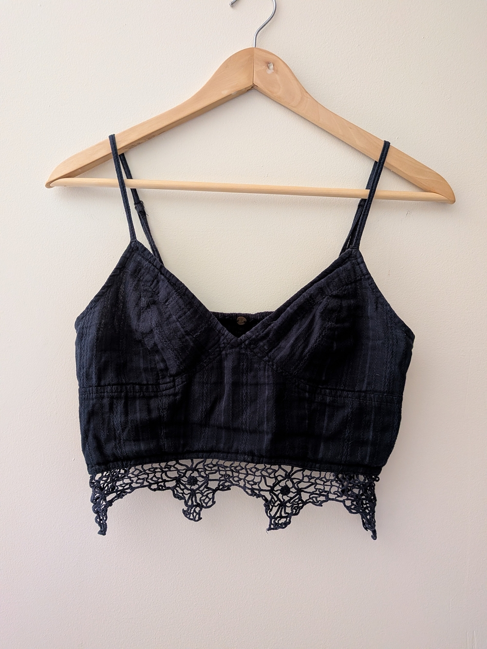 Free People Black Cropped Cami Top with Crochet-hem, Xs-Small